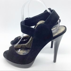 Pelle Moda Women Size 9.5 Black Suede Leather 5" Heels Platform Peep Toe Shoes